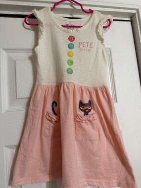 Pete the Cat Pink & Cream Ruffle Pocket Kids Dress